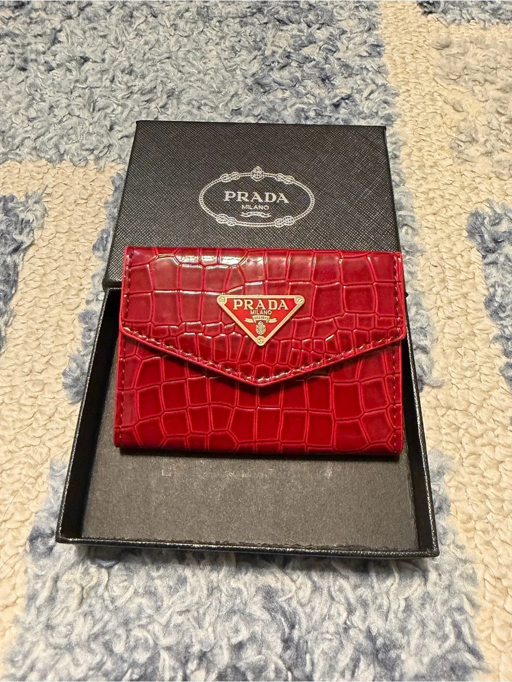 Prada Red Croc-Embossed Envelope Card Holder with Gold Logo